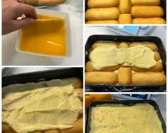 Step <p>Remoje brevemente la mitad de los bizcochos de soletilla en el zumo de naranja, lo justo para que se empapen sin romperse y vaya colocándolos en el fondo de una fuente rectangular (23 cm x 15 cm x 8 cm) yo he utilizado uno de 27x18x6. Extienda la mitad de la mezcla de mascarpone sobre la base de bizcochos. Remoje los bizcochos restantes, colóquelos sobre la crema y cubra con el resto de la mezcla de mascarpone. Cubra con film transparente y refrigere durante 5 horas.</p> illustration